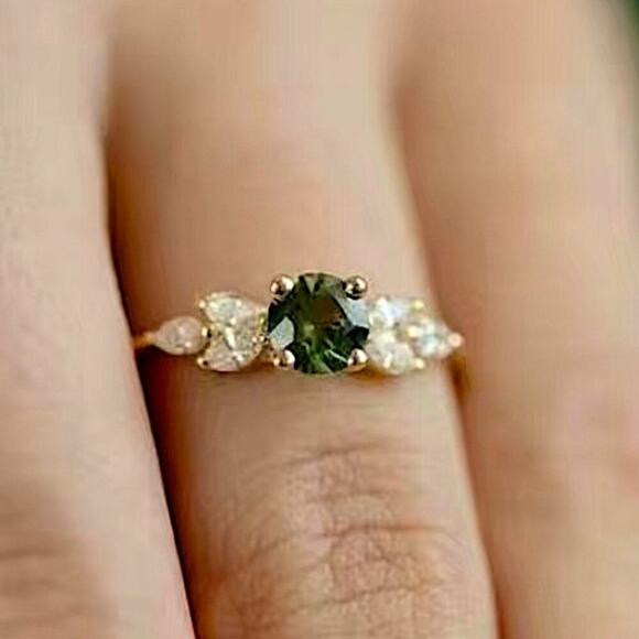 Gold Peridot Zircon Ring Minimalist, Dainty Diamond - Picture 1 of 4